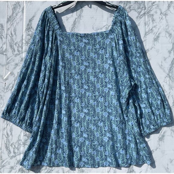 Style & Co Womens 3X Blue Floral Boho Peasant Top 3/4 Sleeves Square Neckline - Picture 2 of 7